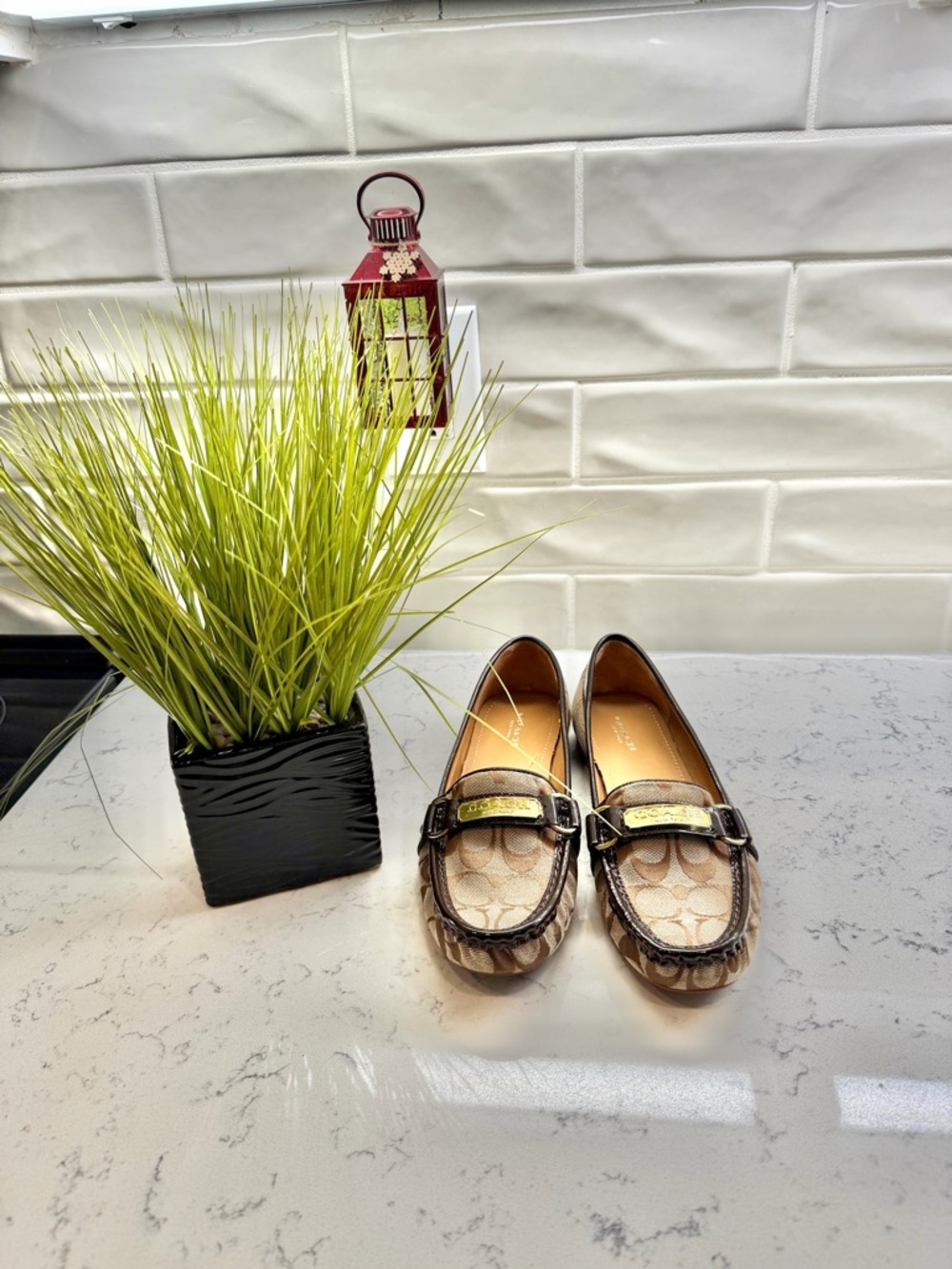 Coach Beige and Brown Signature-Pattern Loafers